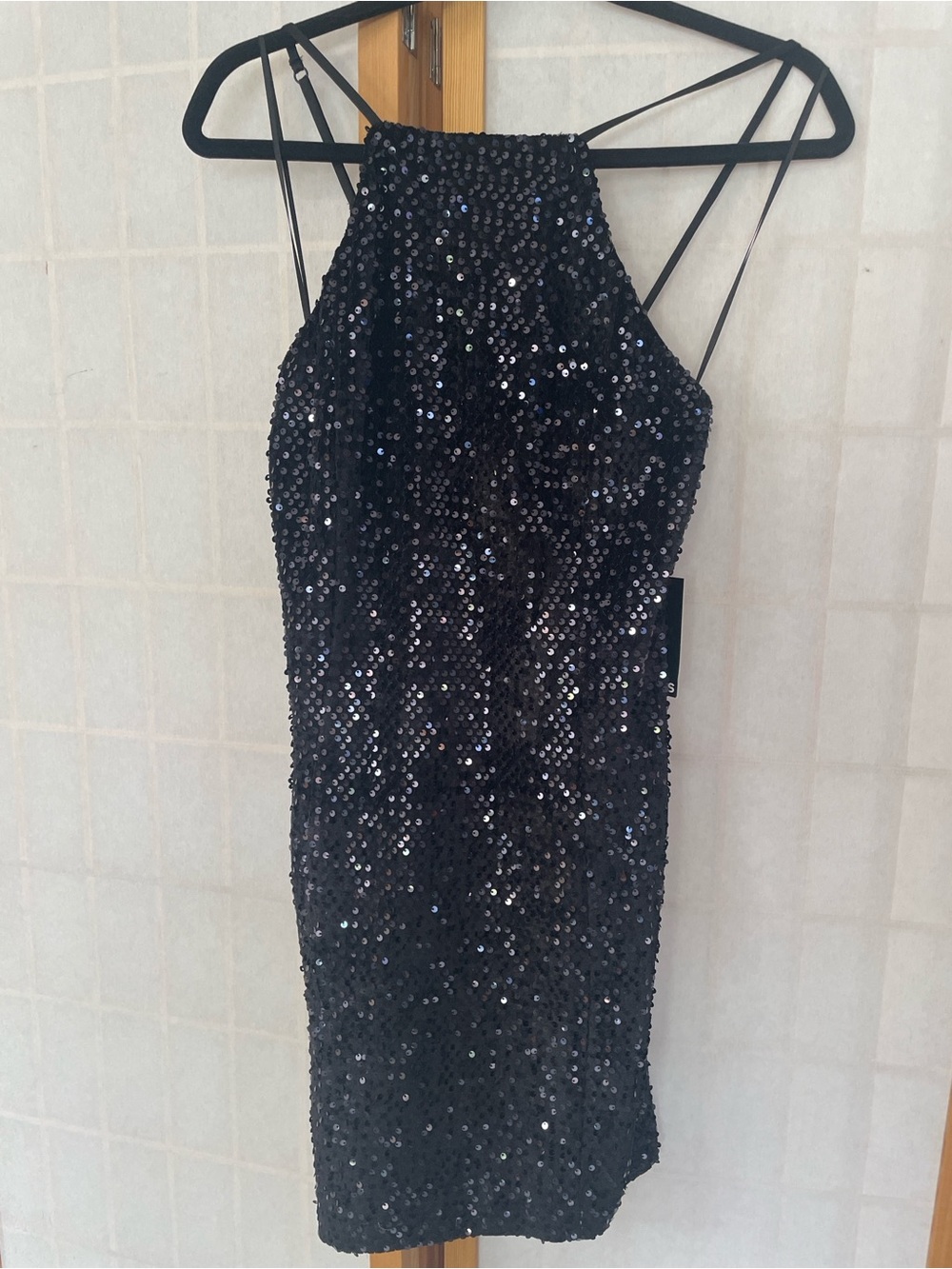 Express Black Sequin Mini Dress with Strappy Halter